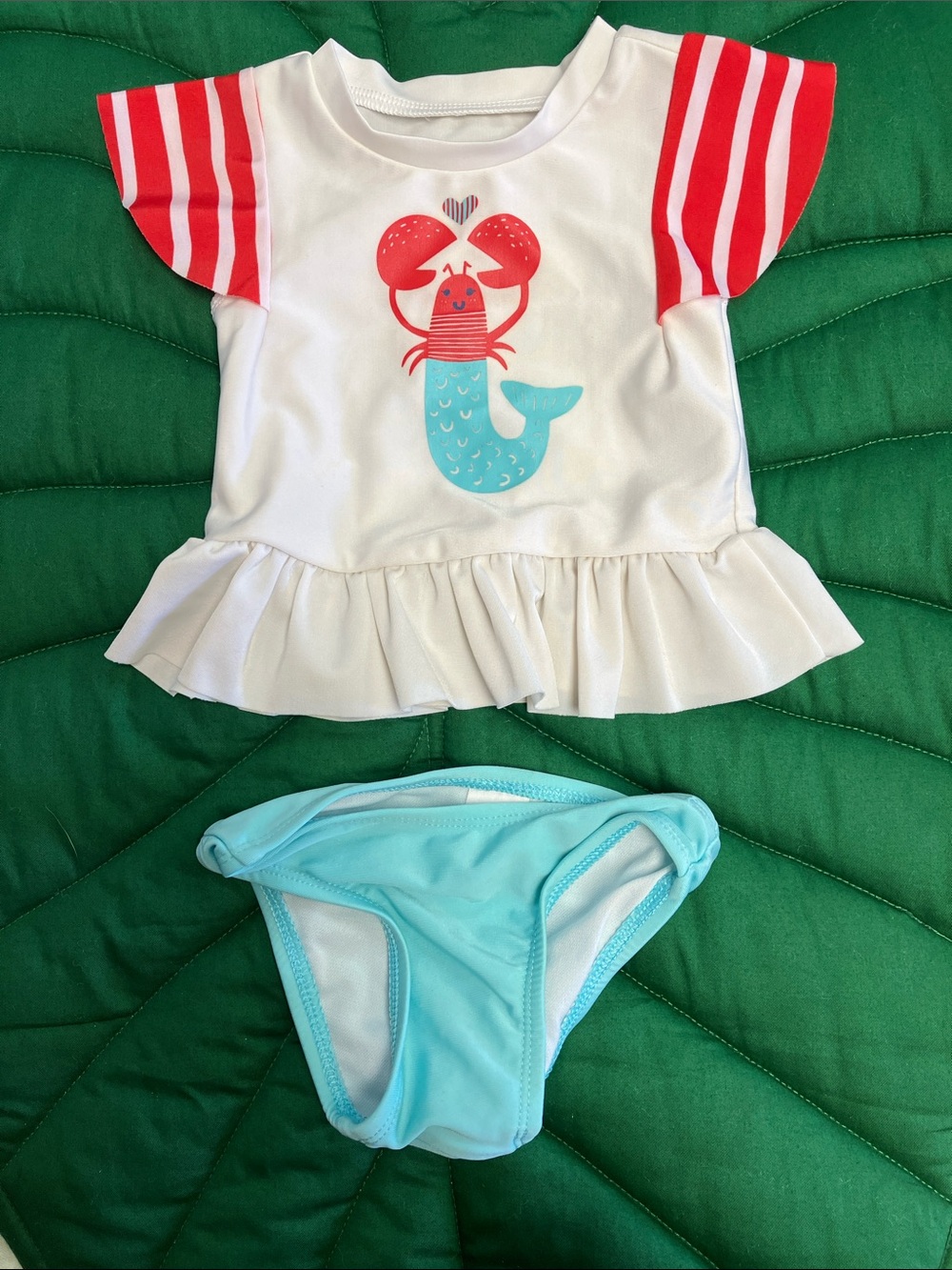 Cat and Jack girls Two-Piece Mermaid Lobster Swim Set - White, Red, Aqua. 9mos